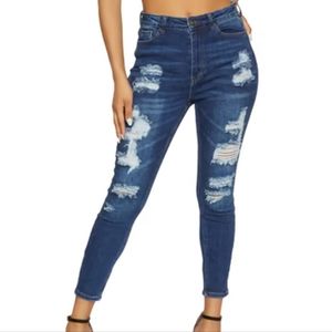 Wax Distressed Skinny Jeans-Dark Blue